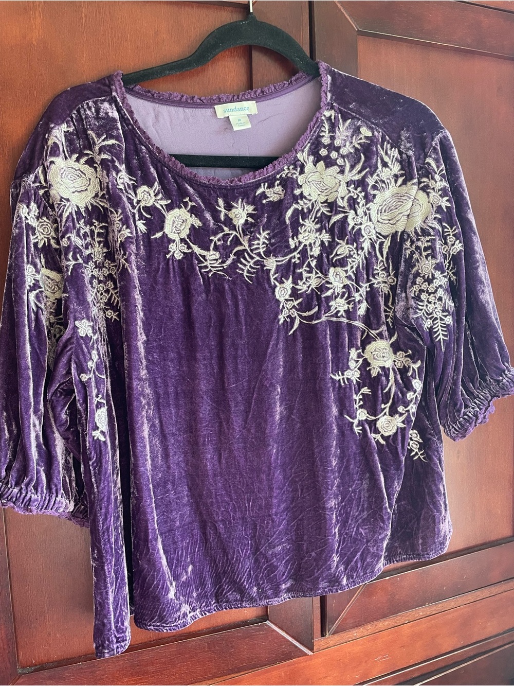 Sundance Purple Velvet Embroidered Alarie Women’s Top Boho Size Medium